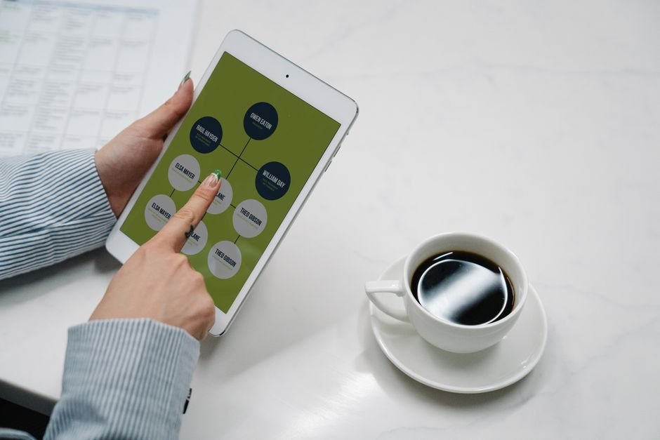 A person reviewing a digital workflow diagram on a tablet, illustrating the complex wound care billing process.